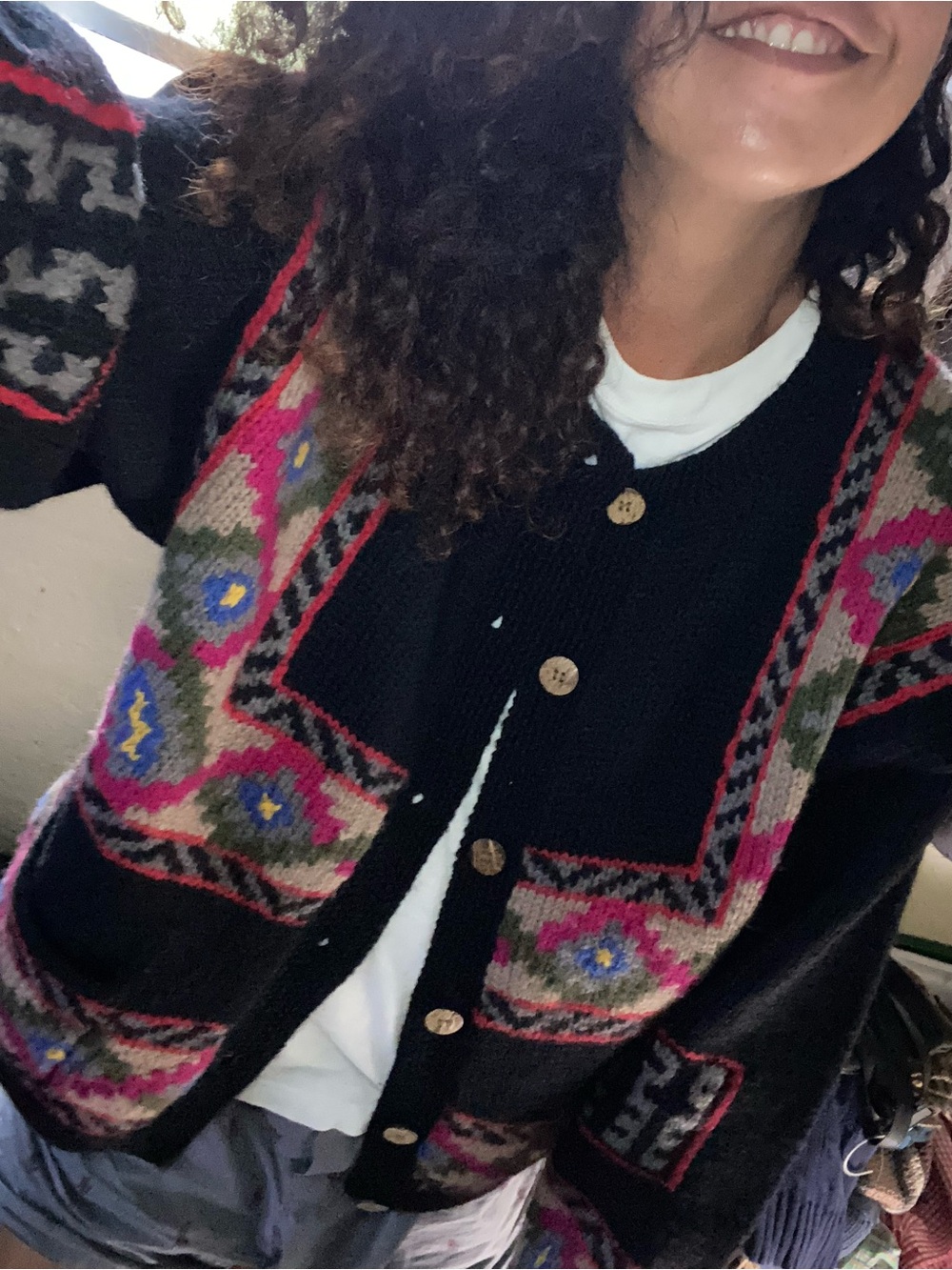 L.L. Bean Black Cardigan with Pink, Blue and Green Nordic Floral Knit Panels